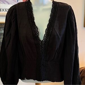 Talent Black Lace-Trim Puff Sleeve Women's Top